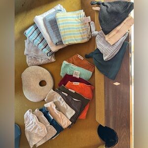 Assorted Baby boy lot Bibs, head pillow, hats and blankets- Multi Color Set